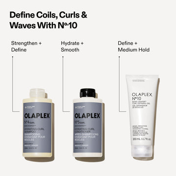 OLAPLEX curl routine graphic showing Nº.4CURL Bond Shaper Hydrating Curl Shampoo, Nº.5CURL Hydrating Curl Conditioner, and Nº.10 Bond Shaper Curl Defining Gel