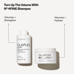 OLAPLEX routine graphic pairing Nº.4FINE Bond Maintenance Shampoo for volumizing and strengthening with Weightless Nourishing Mask for volumizing and hydrating fine hair