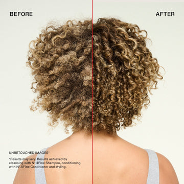 Before-and-after comparison showing frizzy curly hair appearing more defined, smoother, and shinier after using OLAPLEX Nº.4FINE Shampoo and Nº.5FINE Conditioner