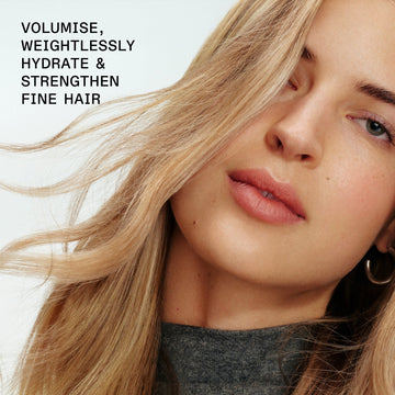 OLAPLEX Nº.4FINE Volumizing Shampoo graphic showing a blonde model with text about weightless volume, hydration, and strengthening for fine hair