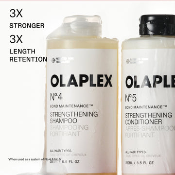 OLAPLEX Nº.4 Bond Maintenance Strengthening Shampoo and Nº.5 Bond Maintenance Strengthening Conditioner with text highlighting 3x stronger hair and 3x length retention when used together