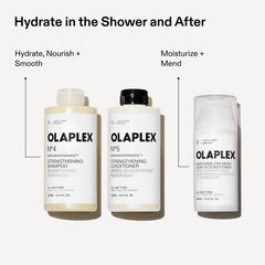 OLAPLEX haircare routine graphic pairing Nº.4 Shampoo and Nº.5 Conditioner to hydrate, nourish, and smooth with Moisturize and Mend Leave-In Conditioner to moisturize and mend