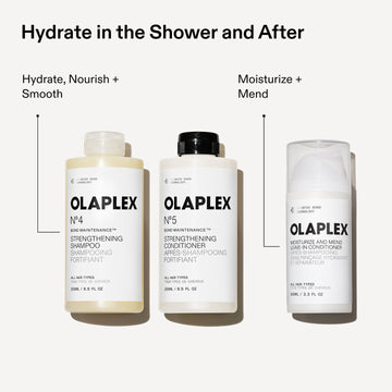 OLAPLEX haircare routine graphic pairing Nº.4 Shampoo and Nº.5 Conditioner to hydrate, nourish, and smooth with Moisturize and Mend Leave-In Conditioner to moisturize and mend