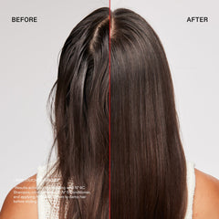 Before-and-after comparison showing dark hair appearing smoother and shinier after using OLAPLEX Nº.4C Clarifying Shampoo with Nº.5 Conditioner and Nº.9 Hair Serum