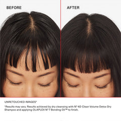 Before-and-after comparison showing dark hair with a cleaner-looking, less oily crown after using OLAPLEX Nº.4D Clean Volume Detox Dry Shampoo