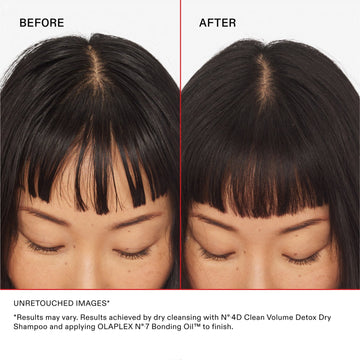 Before-and-after comparison showing dark hair with a cleaner-looking, less oily crown after using OLAPLEX Nº.4D Clean Volume Detox Dry Shampoo