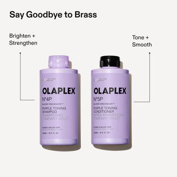 OLAPLEX Nº.4P Blonde Enhancer Purple Toning Shampoo and Nº.5P Purple Toning Conditioner routine graphic showing brightening and strengthening, plus toning and smoothing benefits