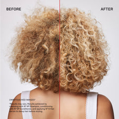 Before-and-after comparison showing frizzy blonde curls appearing brighter, smoother, and more defined after using OLAPLEX Nº.4P Purple Toning Shampoo with Nº.5P Conditioner and Nº.9 Hair Serum