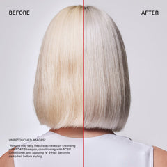 Before-and-after comparison showing warm blonde hair transformed into cooler silver-toned hair after using OLAPLEX Nº.4P Purple Toning Shampoo with Nº.5P Conditioner and Nº.9 Hair Serum