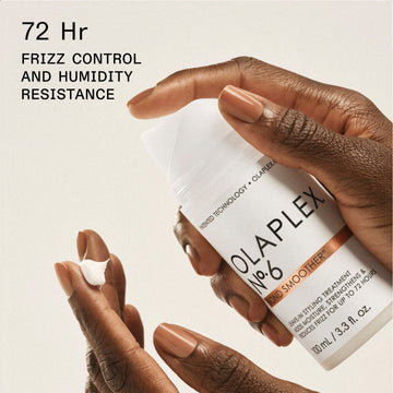 OLAPLEX Nº.6 Bond Smoother 3.3 oz cream being dispensed, with claims of 72-hour frizz control and humidity resistance