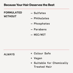 OLAPLEX Nº.6 Bond Smoother graphic listing sulfate-free, phthalate-free, phosphate-free, paraben-free, and MIC/MIT-free qualities, plus color-safe and vegan benefits