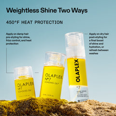 OLAPLEX Nº.7 Shine Serum Oil Mist and Nº.7 Bonding Oil shown for pre-styling on damp hair and post-styling on dry hair