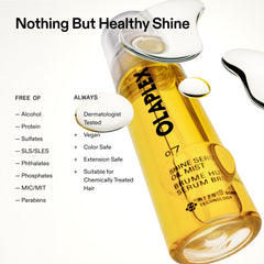 OLAPLEX Nº.7 Shine Serum Oil Mist graphic showing a golden oil mist and claims including alcohol-free, protein-free, sulfate-free, vegan, color-safe, and extension-safe
