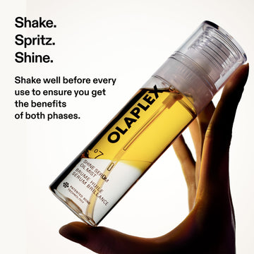 OLAPLEX Nº.7 Shine Serum Oil Mist instructional graphic showing the dual-phase bottle and advising users to shake before every use