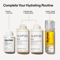 OLAPLEX hydration routine featuring Nº.3PLUS, Nº.4 shampoo, Nº.5 conditioner, and Nº.7 Shine Serum Oil Mist
