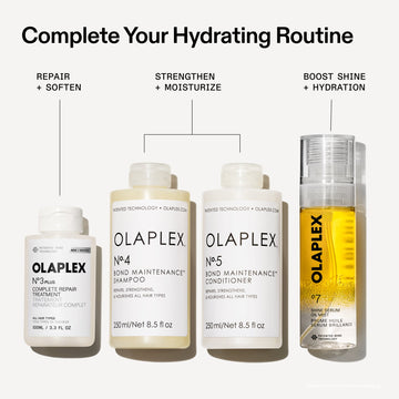 OLAPLEX hydration routine featuring Nº.3PLUS, Nº.4 shampoo, Nº.5 conditioner, and Nº.7 Shine Serum Oil Mist