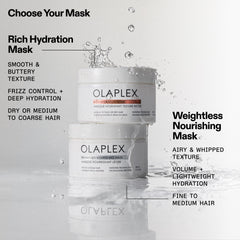 OLAPLEX mask comparison graphic showing Rich Hydration Mask for dry or medium-to-coarse hair and Weightless Nourishing Mask for fine-to-medium hair