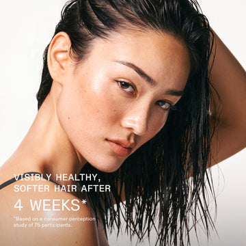 OLAPLEX Scalp Longevity Treatment graphic showing a person with wet dark hair and claims about protecting against accelerated scalp aging and promoting soft, visibly healthier hair