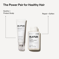OLAPLEX Power Pair for Healthy Hair graphic showing Scalp Longevity Treatment to soothe and protect the scalp and Nº.3PLUS Complete Repair Treatment to repair and soften hair