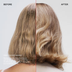 Before-and-after comparison showing blonde hair styled with more defined waves and movement after using OLAPLEX Shape Set Hairspray