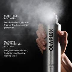 OLAPLEX Shape Set Hairspray being sprayed with text highlighting flexi-hold polymers, frizz control, heat and UV protection, and lightweight nourishment, hydration, and shine