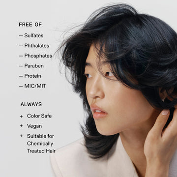 OLAPLEX Shape Set Hairspray graphic listing sulfate-free, phthalate-free, phosphate-free, paraben-free, protein-free, and MIC/MIT-free qualities, plus color-safe, vegan, and suitable for chemically treated hair benefits