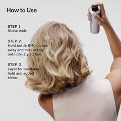OLAPLEX Shape Set Hairspray instructional graphic showing how to shake the can, hold it 8–10 inches away, mist evenly onto dry styled hair, and layer for added hold and shine