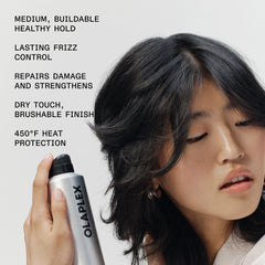 OLAPLEX Shape Set Hairspray graphic showing a model with a dark layered hairstyle and claims of medium buildable hold, lasting frizz control, damage repair, a dry brushable finish, and 450°F heat protection