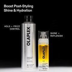 OLAPLEX Shape Set Hairspray and Nº.7 Bonding Oil graphic showing hold and frizz control alongside shine and replenishment