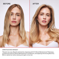 Before-and-after comparison showing straight blonde hair styled with more volume, movement, and waves after using OLAPLEX Volumizing Blow Dry Mist