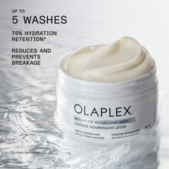 OLAPLEX Weightless Nourishing Mask jar with claims of up to five washes of 75% hydration retention and reduced and prevented breakage