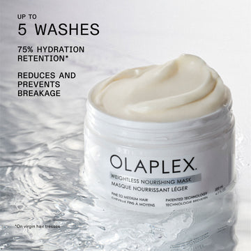 OLAPLEX Weightless Nourishing Mask jar with claims of up to five washes of 75% hydration retention and reduced and prevented breakage