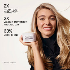 OLAPLEX Weightless Nourishing Mask graphic showing a model holding the product with claims of 2x instant hydration, 2x instant and all-day volume, and 63% more shine