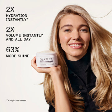 OLAPLEX Weightless Nourishing Mask graphic showing a model holding the product with claims of 2x instant hydration, 2x instant and all-day volume, and 63% more shine