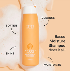 Surface BASSU MOISTURE SHAMPOO 10 fl oz bottle in a graphic labeled cleanse, soften, shine and moisturize.