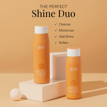 Surface BASSU Moisture Shampoo and Moisture Conditioner bottles beside text describing the Shine Duo.