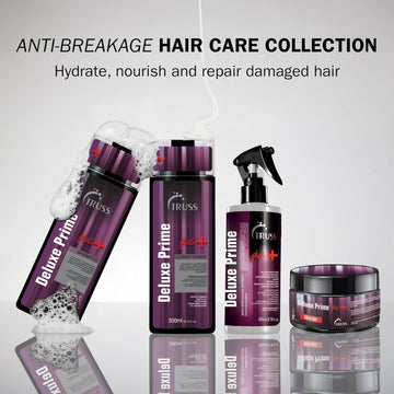 TRUSS Deluxe Prime Plus+ anti-breakage collection with Shampoo, Conditioner, reconstruction treatment and Mask for damaged hair.