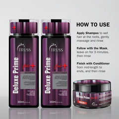 TRUSS Deluxe Prime Plus+ Shampoo, Conditioner and Mask with instructions for a three-step hair care routine.