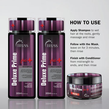 TRUSS Deluxe Prime Plus+ Shampoo, Conditioner and Mask with instructions for a three-step hair care routine.