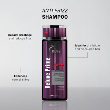 TRUSS Deluxe Prime Plus+ Shampoo with anti-frizz, anti-breakage and shine-enhancing benefits for dry, brittle and discolored hair.