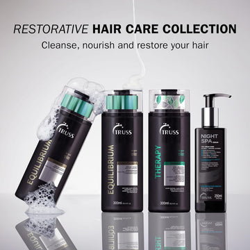 TRUSS restorative hair care collection featuring Equilibrium Shampoo and Conditioner, Therapy Shampoo and Night Spa Serum