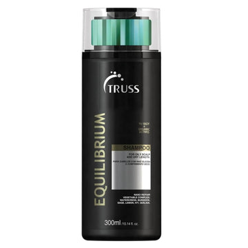 Truss Equilibrium Shampoo for oily scalp and dry lengths in a 300 ml black bottle.