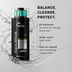 Truss Equilibrium Shampoo with water splashes and benefits for pH balance, split-end repair, and color-treated hair.
