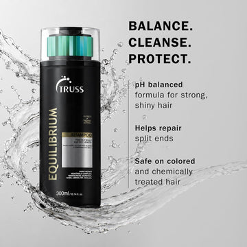 Truss Equilibrium Shampoo with water splashes and benefits for pH balance, split-end repair, and color-treated hair.