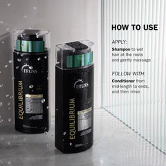 TRUSS Equilibrium Shampoo and Conditioner with instructions to cleanse the roots and condition from mid-lengths to ends