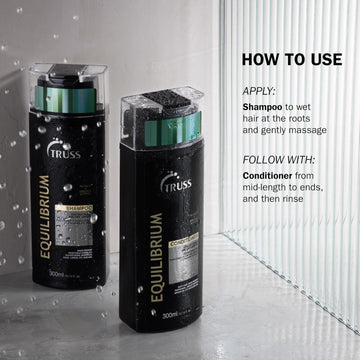 TRUSS Equilibrium Shampoo and Conditioner with instructions to cleanse the roots and condition from mid-lengths to ends