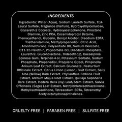 Truss Equilibrium Shampoo ingredient list graphic with cruelty-free, paraben-free, and sulfate-free claims.