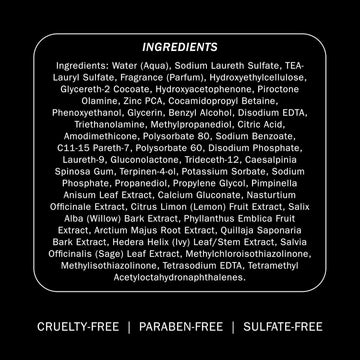 Truss Equilibrium Shampoo ingredient list graphic with cruelty-free, paraben-free, and sulfate-free claims.