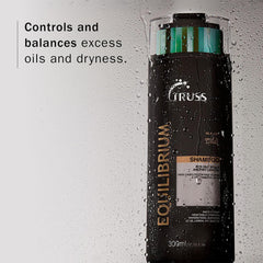 Wet Truss Equilibrium Shampoo bottle with text highlighting control of excess scalp oil and dry lengths.
