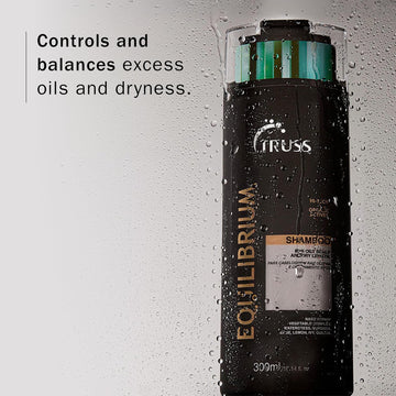 Wet Truss Equilibrium Shampoo bottle with text highlighting control of excess scalp oil and dry lengths.